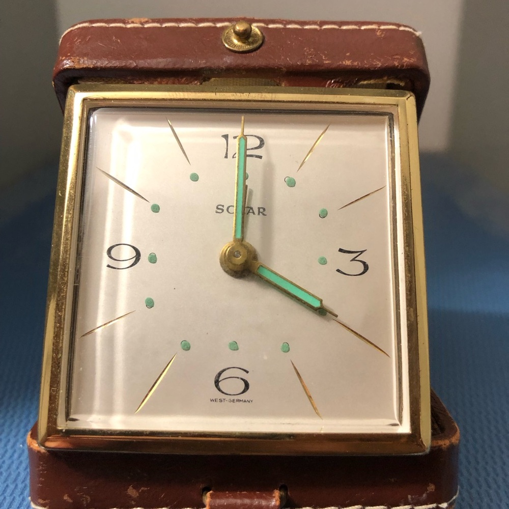 Solar Vintage Travel Alarm Clock - White & Gold with Mint Hands